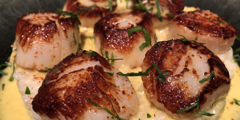 Scallops, creamy risotto and its curry sauce